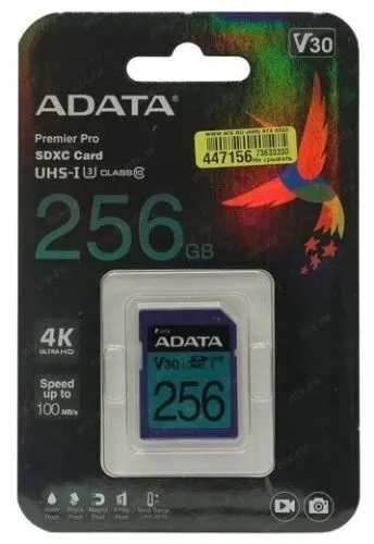 Карта памяти ADATA SDXC 256 ГБ Class 10, V30, UHS-I U3, R/W 100/80 МБ/с-1