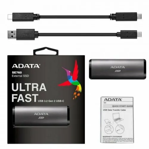 Внешний USB SSD накопитель. 1.8" 512GB ADATA SE760 Titan-Gray External SSD ASE760-512GU32G2-CTI USB 3.2 Gen 2 Type-C, 1000R, USB 3.2 Type-C to C cable,USB 3.2 Type-C to A cable, Quick Start Guide, RTL (772714)