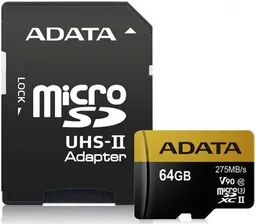 Карта памяти 64Gb MicroSD ADATA Premier UHS-II U3 + адаптер (AUSDX64GUII3CL10-CA1)