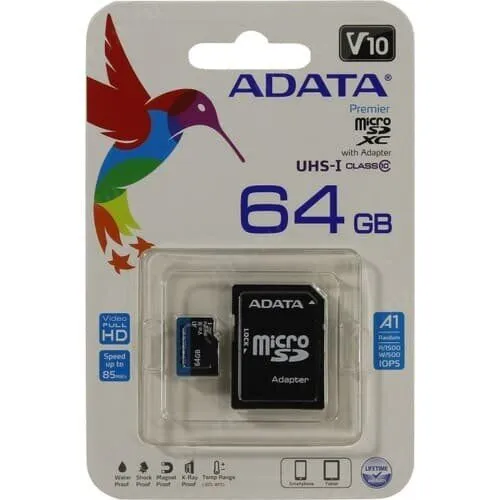 Карта памяти microSDXC 64Gb ADATA Premier, Class 10, UHS-I, U1 + адаптер-0