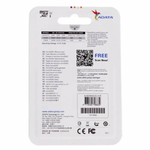 Карта памяти MicroSD 64Гб ADATA AUSDX64GUICL10A1-RA1