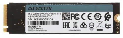 M.2 2280 1TB Adata Swordfish Client SSD Aswordfish-1t-c PCIe Gen3x4 with NVMe, 1800/1400, Iops 180/1-1